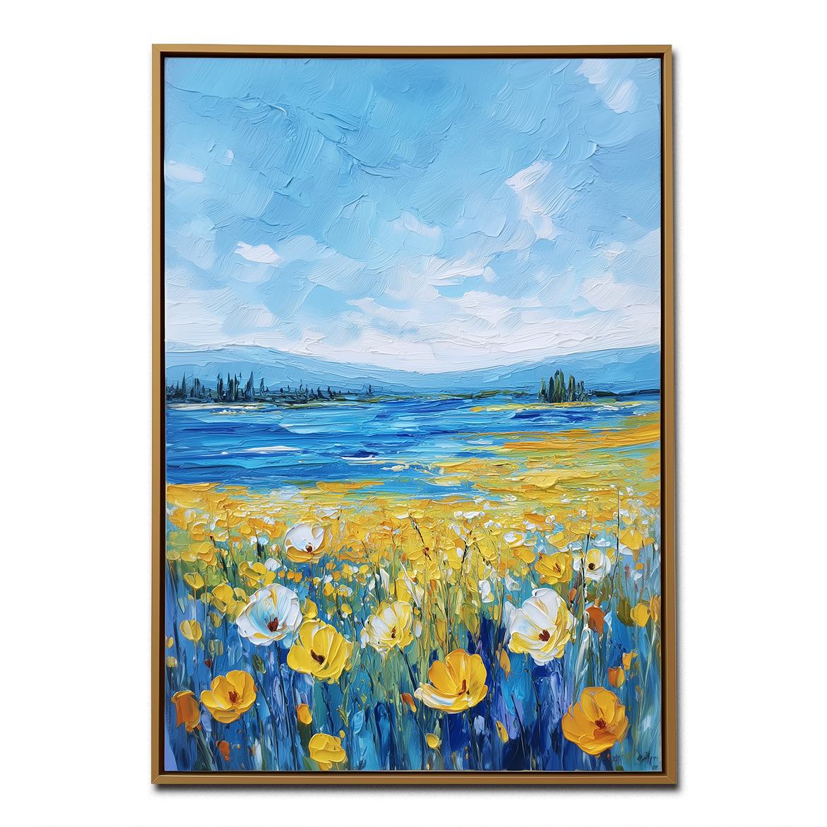 Whispers of Summer - Blue Lake and Yellow Field Floral Painting Textured Summer Landscape Art