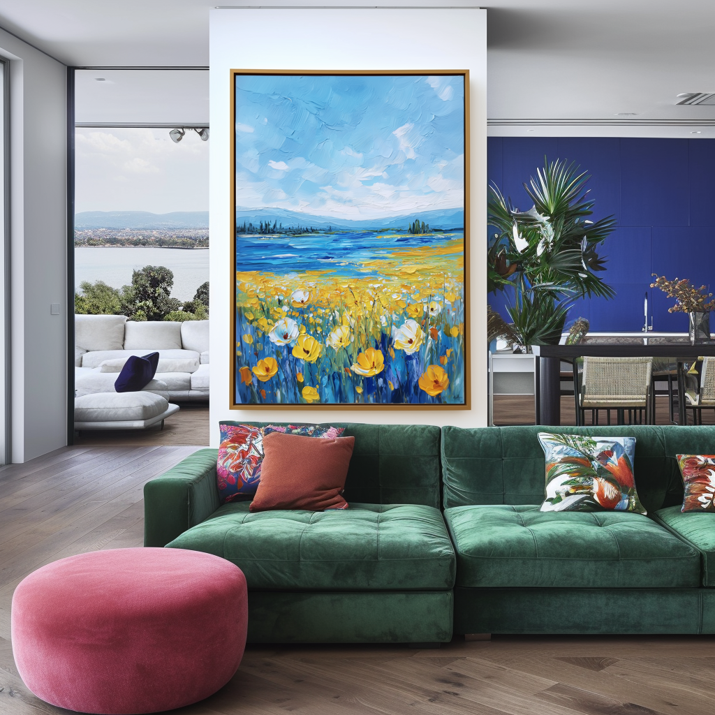 Whispers of Summer - Blue Lake and Yellow Field Floral Painting Textured Summer Landscape Art