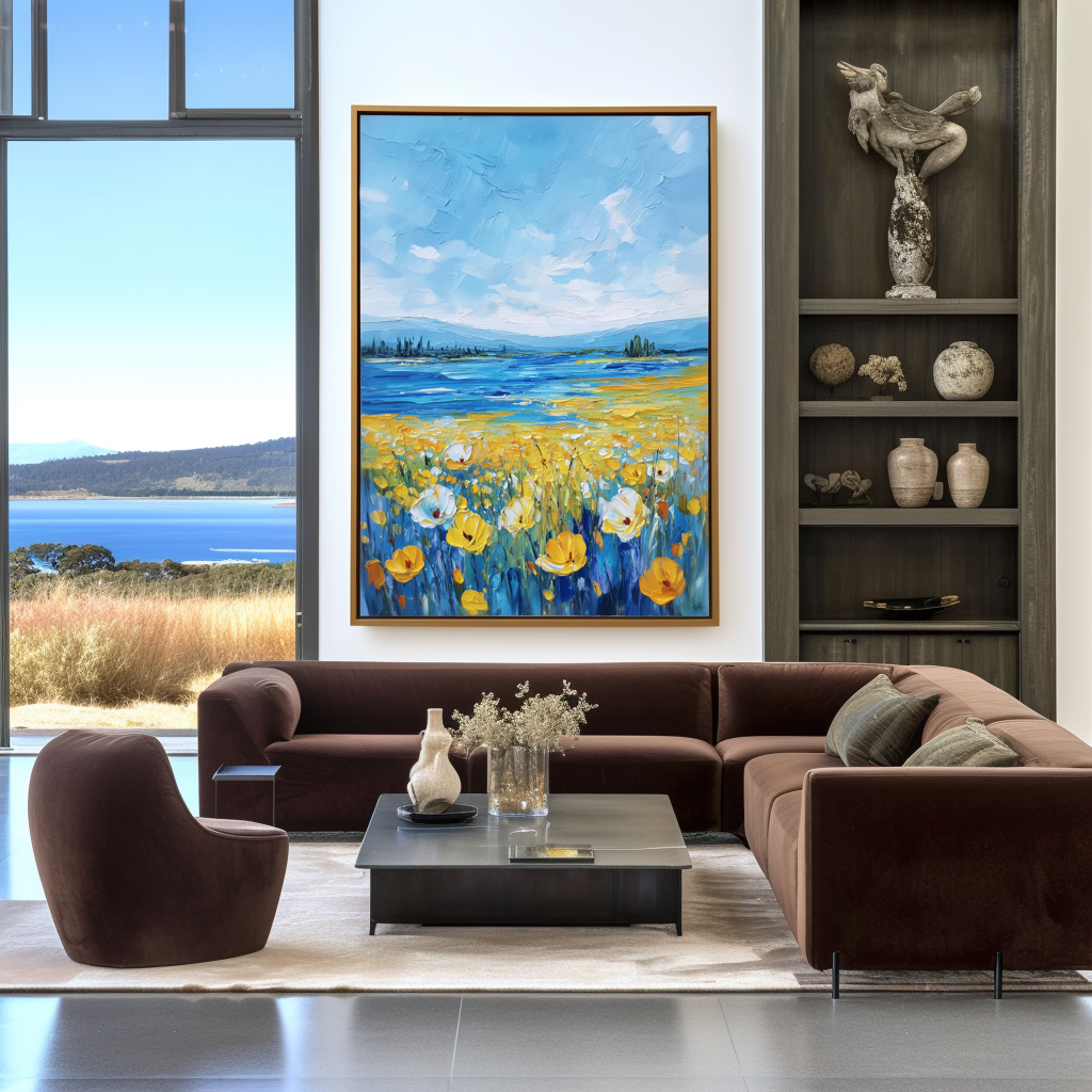 Whispers of Summer - Blue Lake and Yellow Field Floral Painting Textured Summer Landscape Art