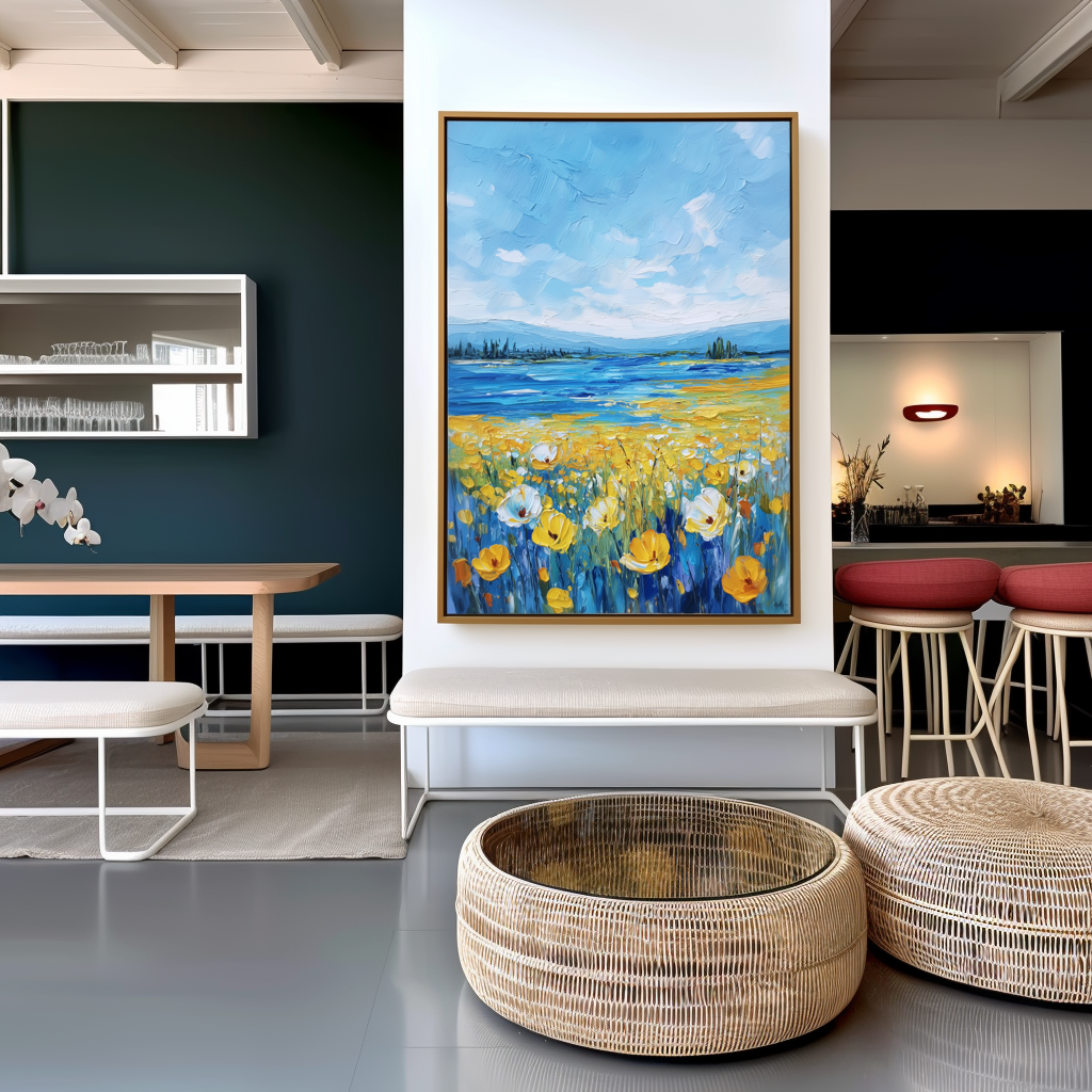 Whispers of Summer - Blue Lake and Yellow Field Floral Painting Textured Summer Landscape Art