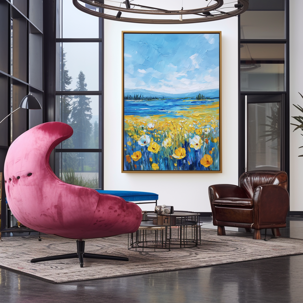 Whispers of Summer - Blue Lake and Yellow Field Floral Painting Textured Summer Landscape Art