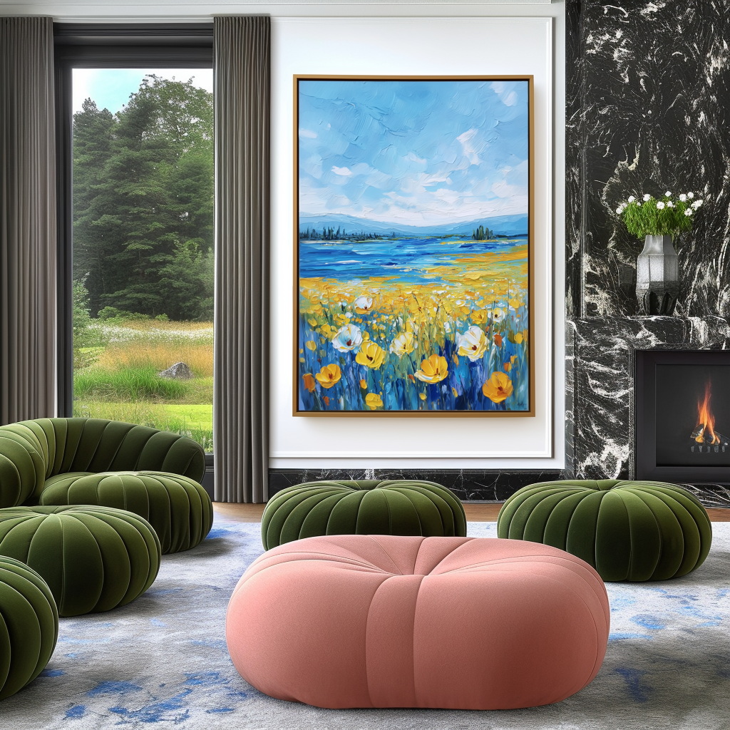 Whispers of Summer - Blue Lake and Yellow Field Floral Painting Textured Summer Landscape Art