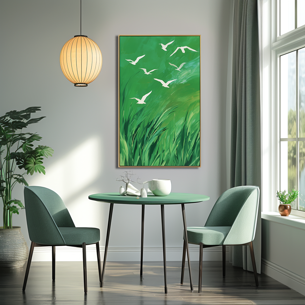 Whispers of the Wind - Green Abstract Canvas with Flying White Birds Nature Wall Art