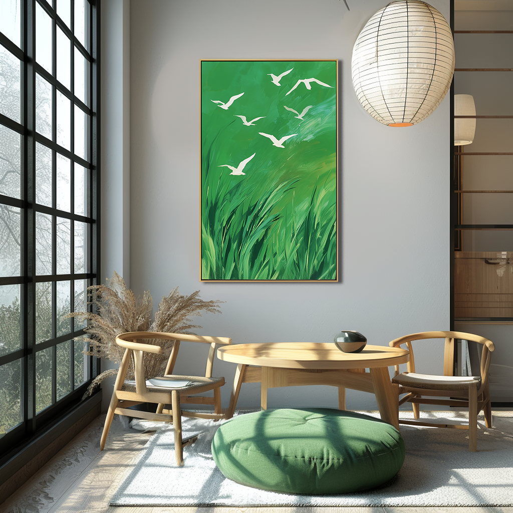 Whispers of the Wind - Green Abstract Canvas with Flying White Birds Nature Wall Art