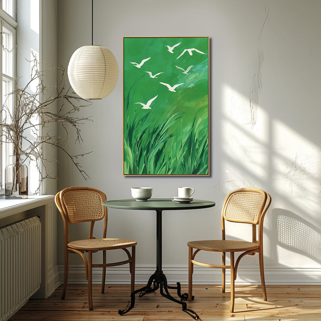 Whispers of the Wind - Green Abstract Canvas with Flying White Birds Nature Wall Art