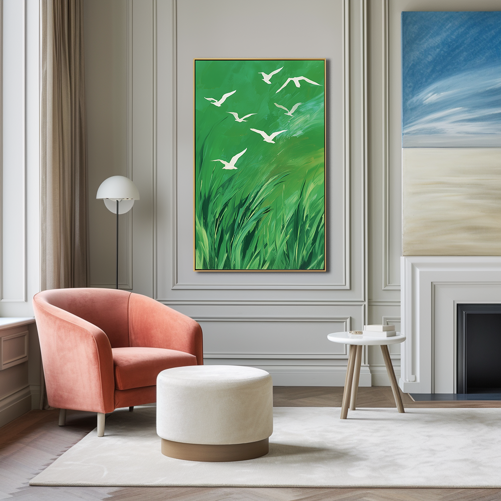 Whispers of the Wind - Green Abstract Canvas with Flying White Birds Nature Wall Art