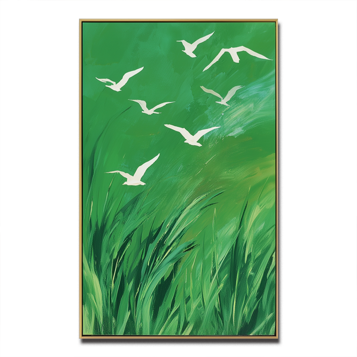 Whispers of the Wind - Green Abstract Canvas with Flying White Birds Nature Wall Art