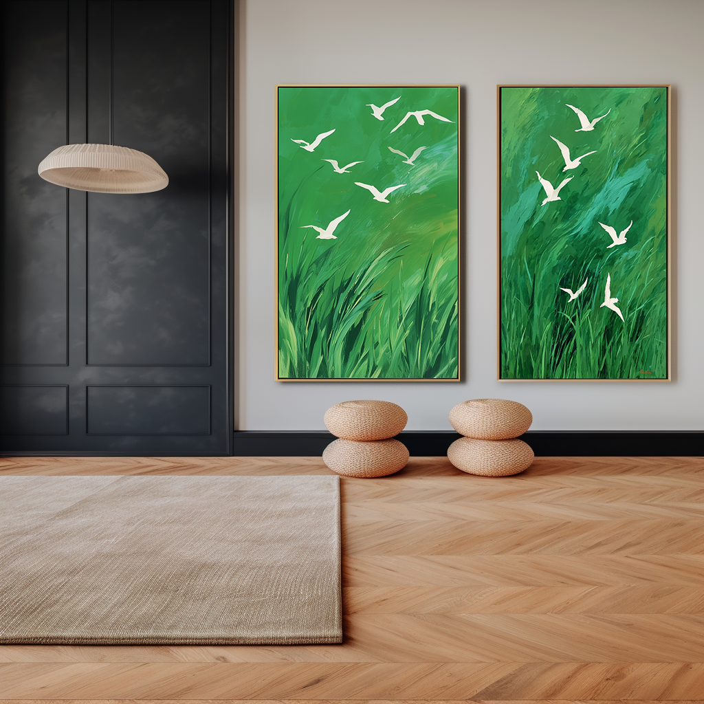 Whispers of the Wind - Green Abstract Canvas with Flying White Birds Nature Wall Art