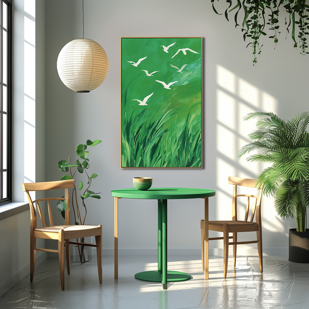 Whispers of the Wind - Green Abstract Canvas with Flying White Birds Nature Wall Art