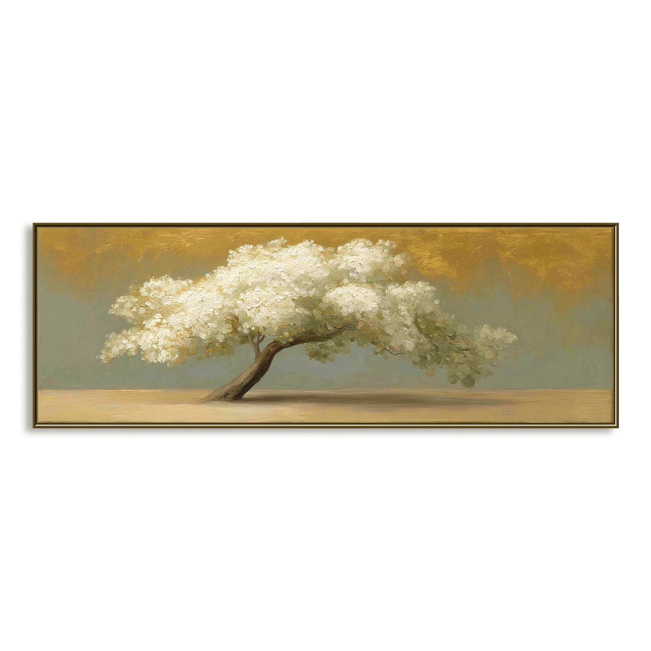 Large Horizontal White Tree Landscape Oil Painting – Textured Hand-Painted Canvas Wall Art for Modern Living Room Decor