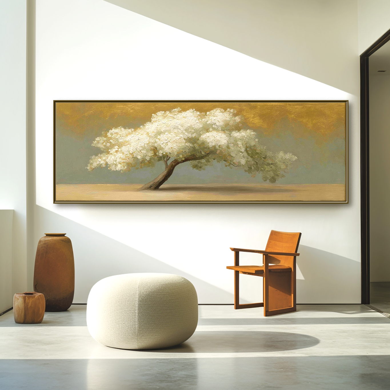 White Tree Landscape Painting – Large Horizontal Hand-Painted Textured Canvas Wall Art for Modern Living Room Decor