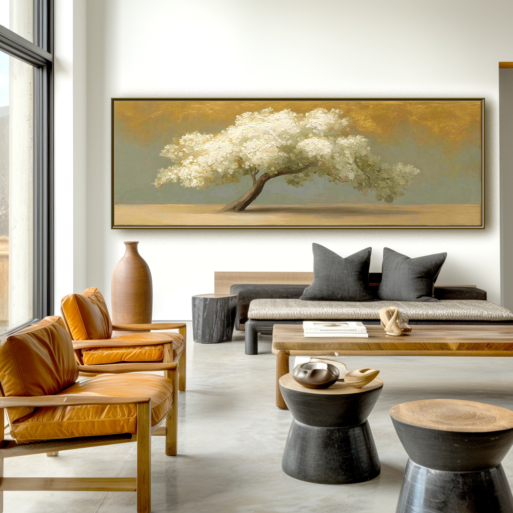 White Tree Landscape Painting – Large Horizontal Hand-Painted Textured Canvas Wall Art for Modern Living Room Decor