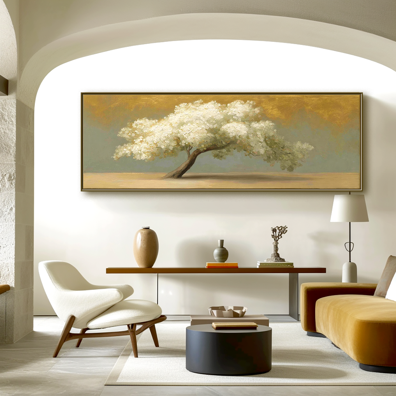 White Tree Landscape Painting – Large Horizontal Hand-Painted Textured Canvas Wall Art for Modern Living Room Decor