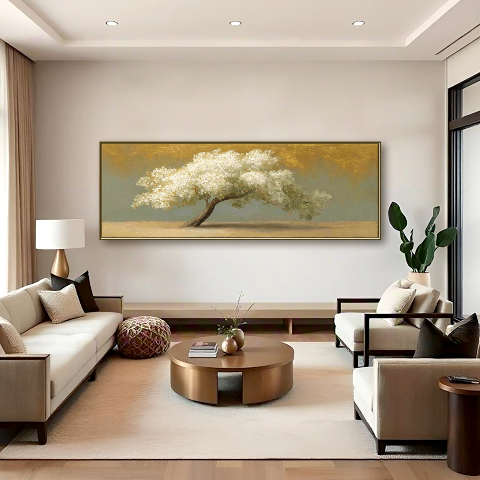 White Tree Landscape Painting – Large Horizontal Hand-Painted Textured Canvas Wall Art for Modern Living Room Decor