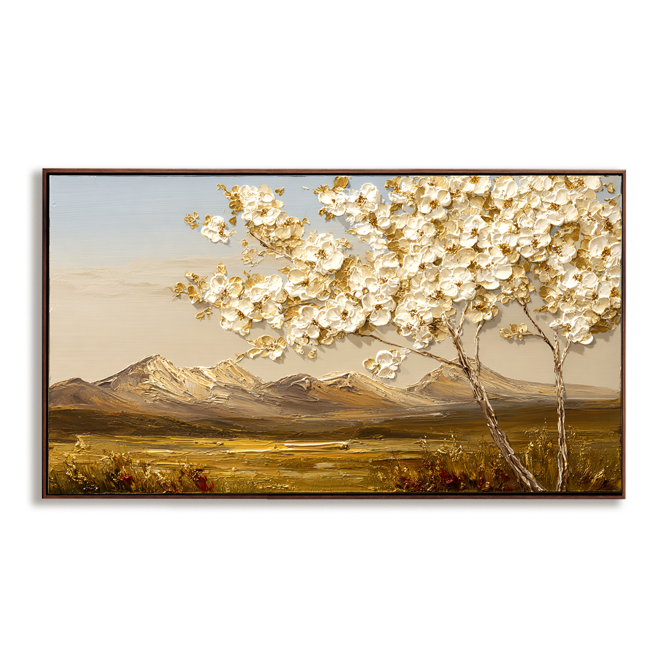 White Tree Landscape Painting – Textured Hand-Painted Canvas Wall Art with Mountain View for Modern Living Room Decor