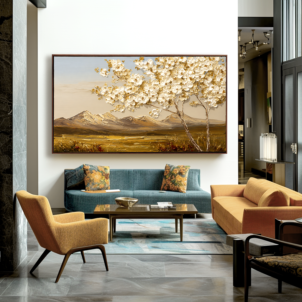 White Tree Landscape Painting – Textured Hand-Painted Canvas Wall Art with Mountain View for Modern Living Room Decor