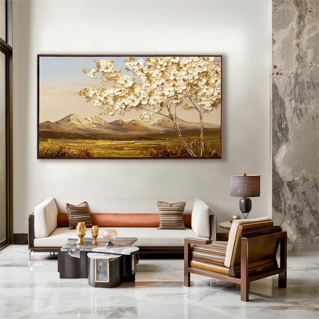 White Tree Landscape Painting – Textured Hand-Painted Canvas Wall Art with Mountain View for Modern Living Room Decor