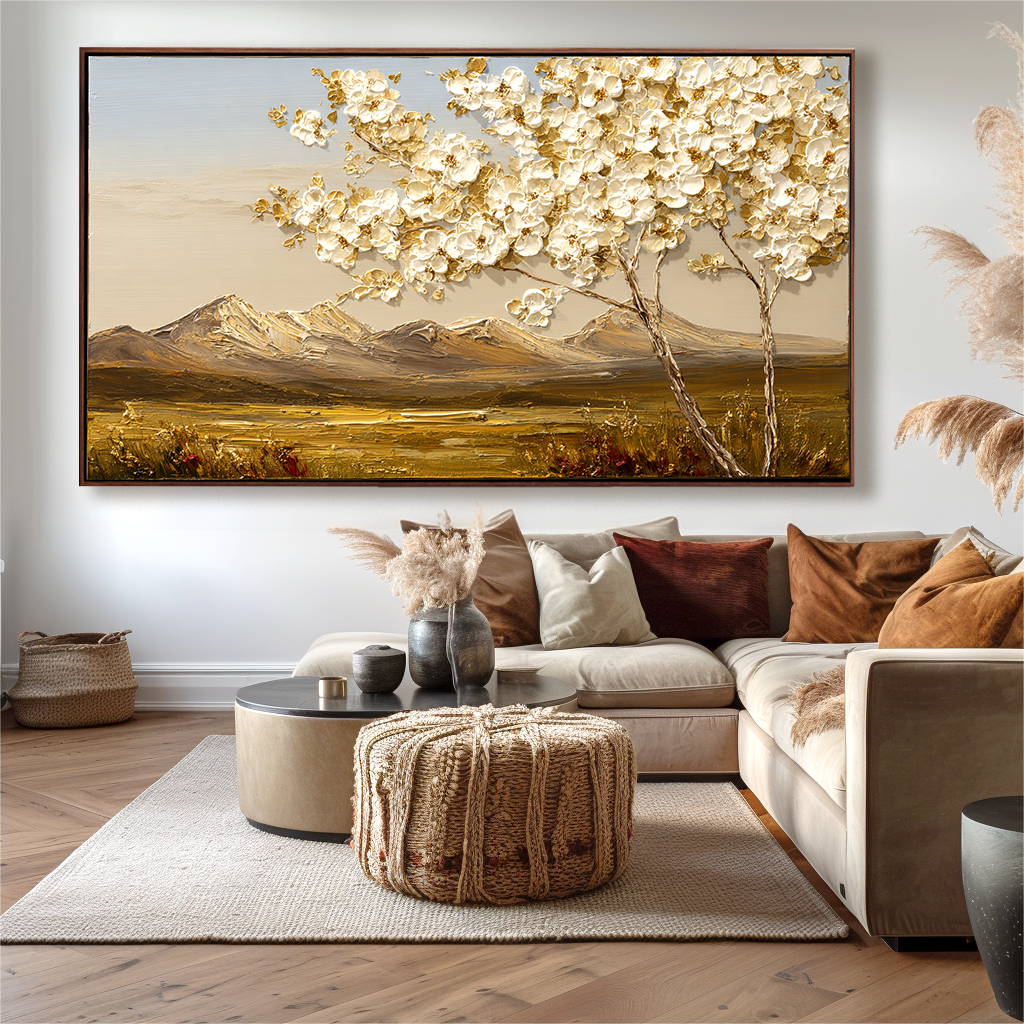 White Tree Landscape Painting – Textured Hand-Painted Canvas Wall Art with Mountain View for Modern Living Room Decor