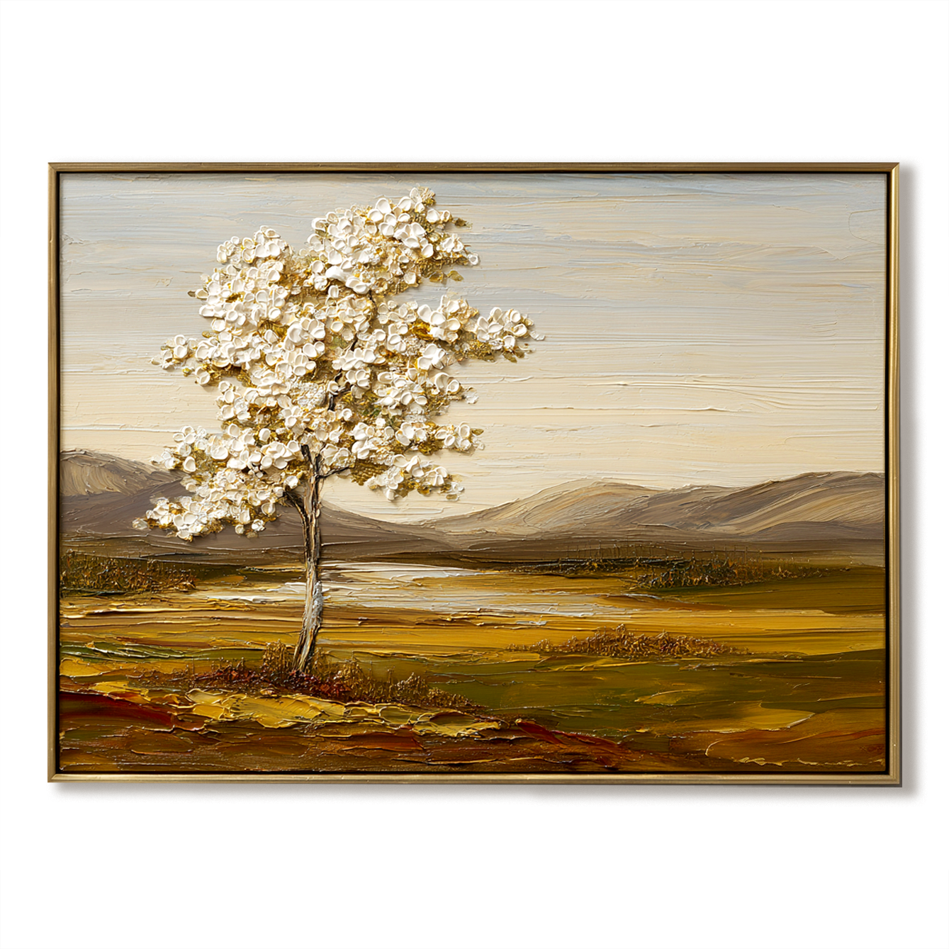 White Tree Landscape Painting – Vertical Hand-Painted Textured Canvas Wall Art for Modern Living Room or Bedroom Decor