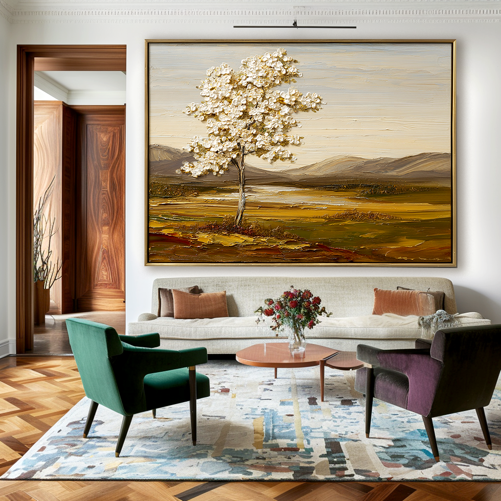 White Tree Landscape Painting – Vertical Hand-Painted Textured Canvas Wall Art for Modern Living Room or Bedroom Decor