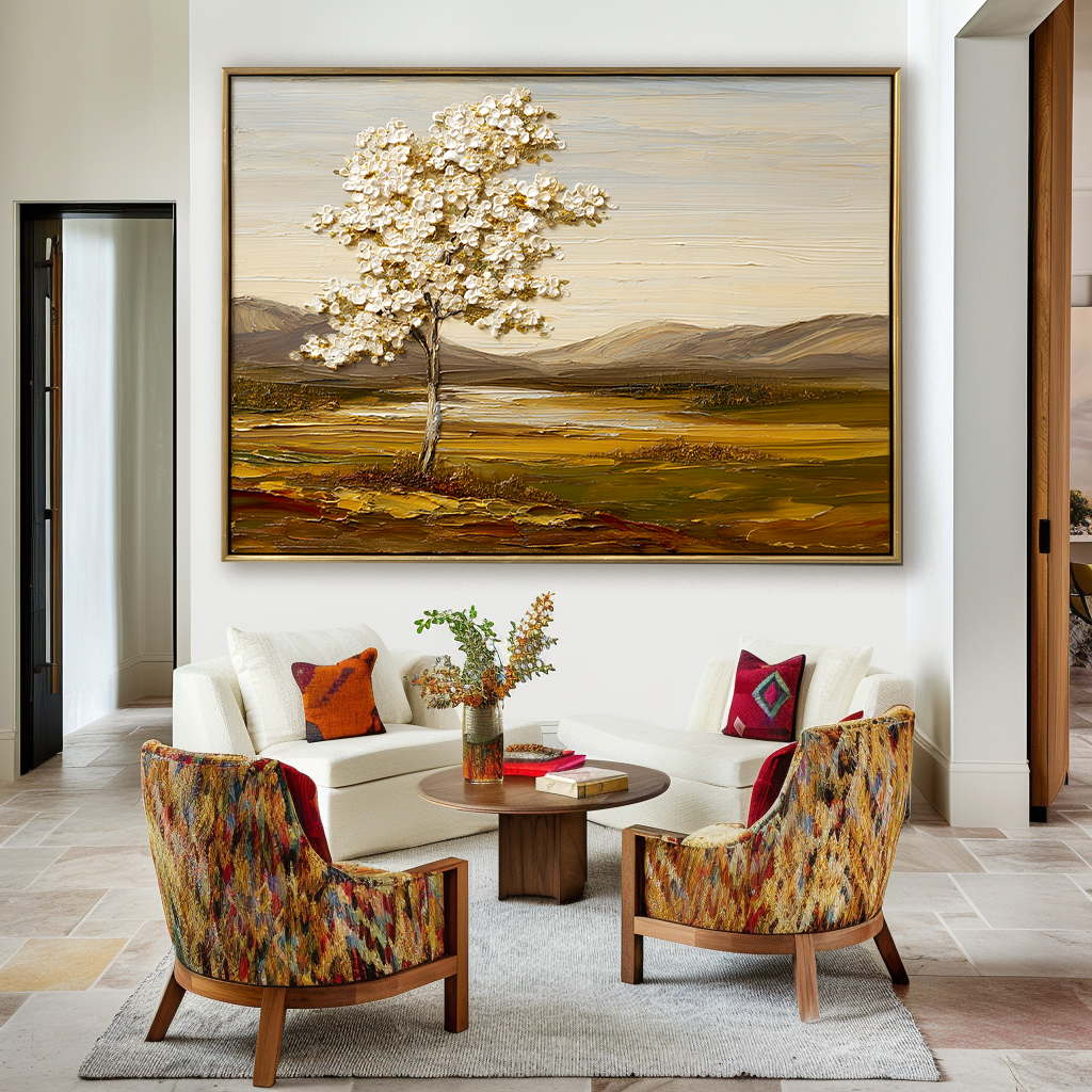 White Tree Landscape Painting – Vertical Hand-Painted Textured Canvas Wall Art for Modern Living Room or Bedroom Decor