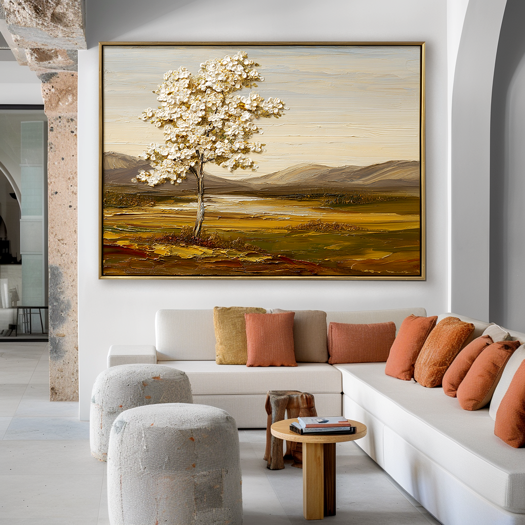 White Tree Landscape Painting – Vertical Hand-Painted Textured Canvas Wall Art for Modern Living Room or Bedroom Decor