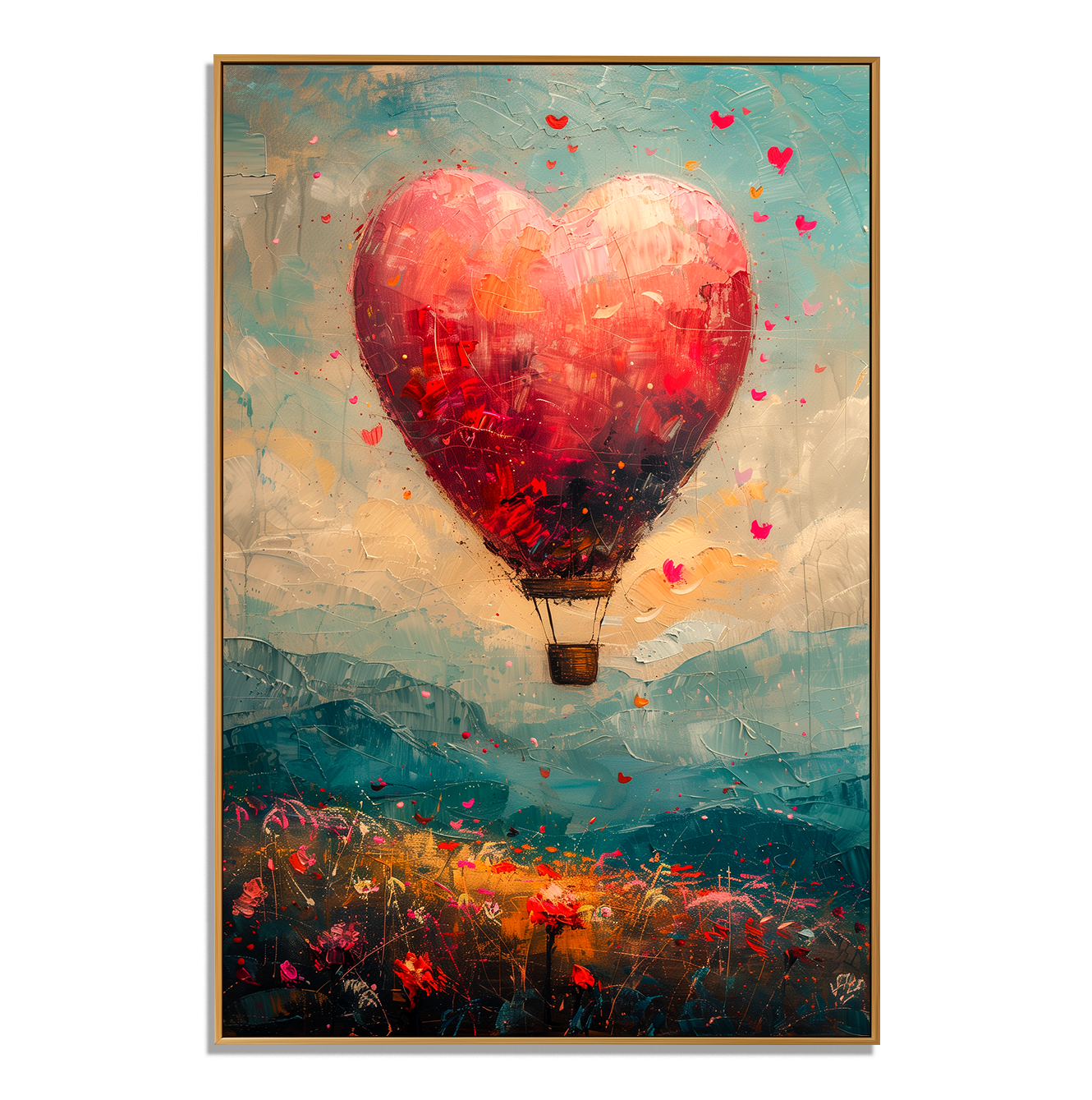 Love in Flight – Hand-Painted Textured Abstract Hot Air Balloon Wall Art for Modern Home Decor
