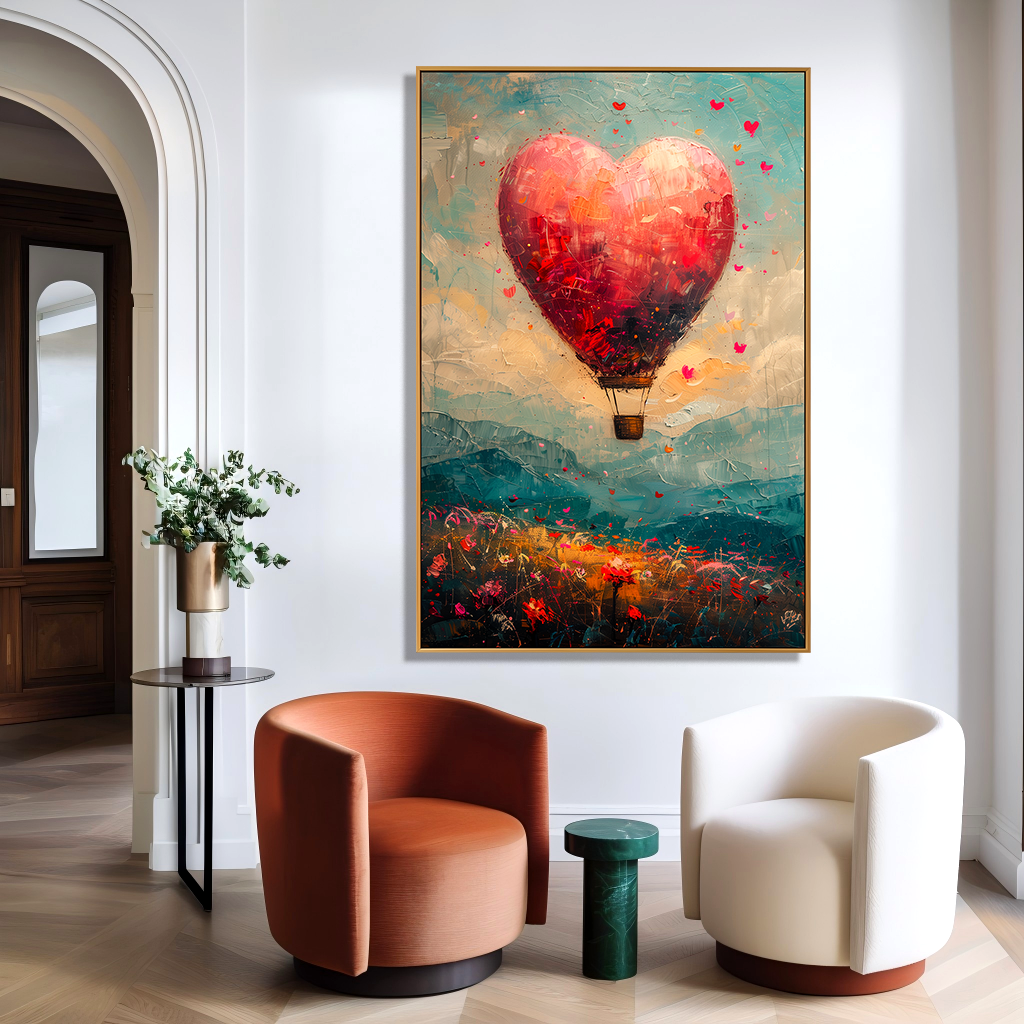 Love in Flight – Hand-Painted Textured Abstract Hot Air Balloon Wall Art for Modern Home Decor