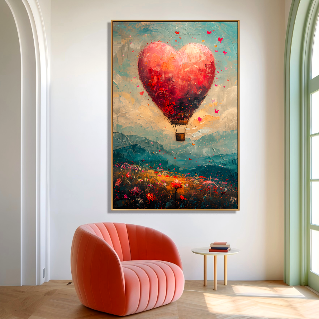 Love in Flight – Hand-Painted Textured Abstract Hot Air Balloon Wall Art for Modern Home Decor
