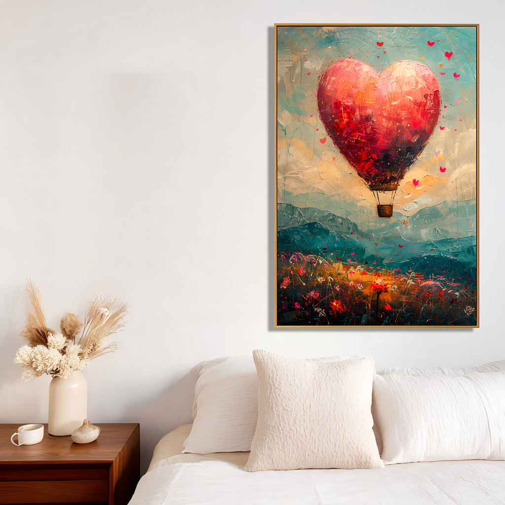 Love in Flight – Hand-Painted Textured Abstract Hot Air Balloon Wall Art for Modern Home Decor