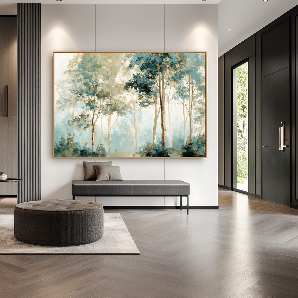 Mistwood Layers – Hand-Painted Landscape Wall Art with Textured Brushwork for Modern Home Decor