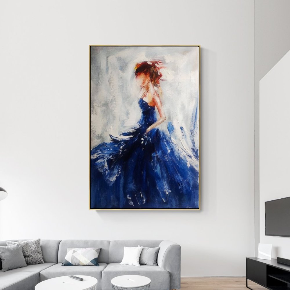 Dancer in Blue-Elegant Abstract Ballerina Oil Painting in Blue for Modern Decor