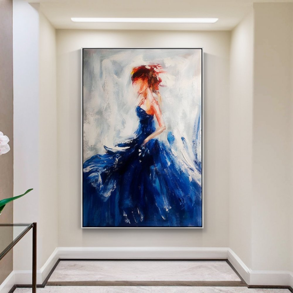 Dancer in Blue-Elegant Abstract Ballerina Oil Painting in Blue for Modern Decor