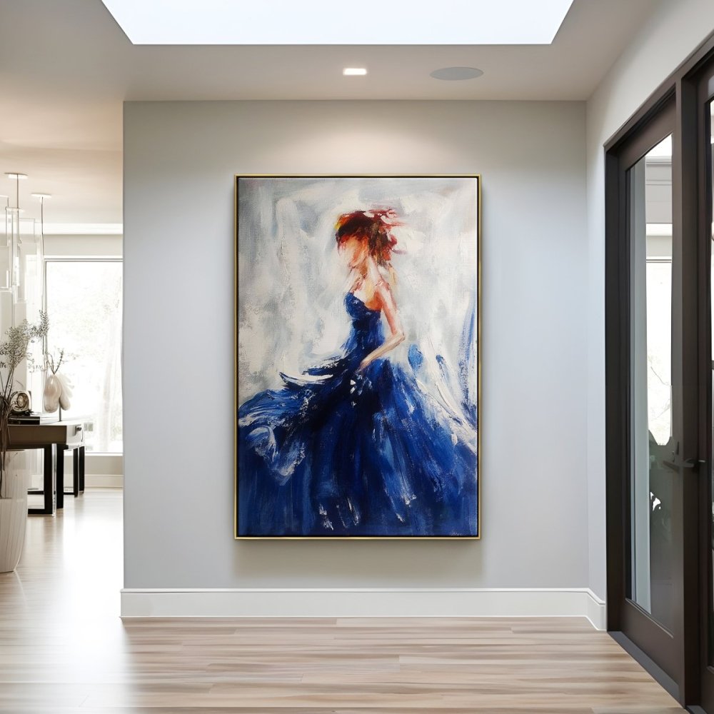 Dancer in Blue-Elegant Abstract Ballerina Oil Painting in Blue for Modern Decor