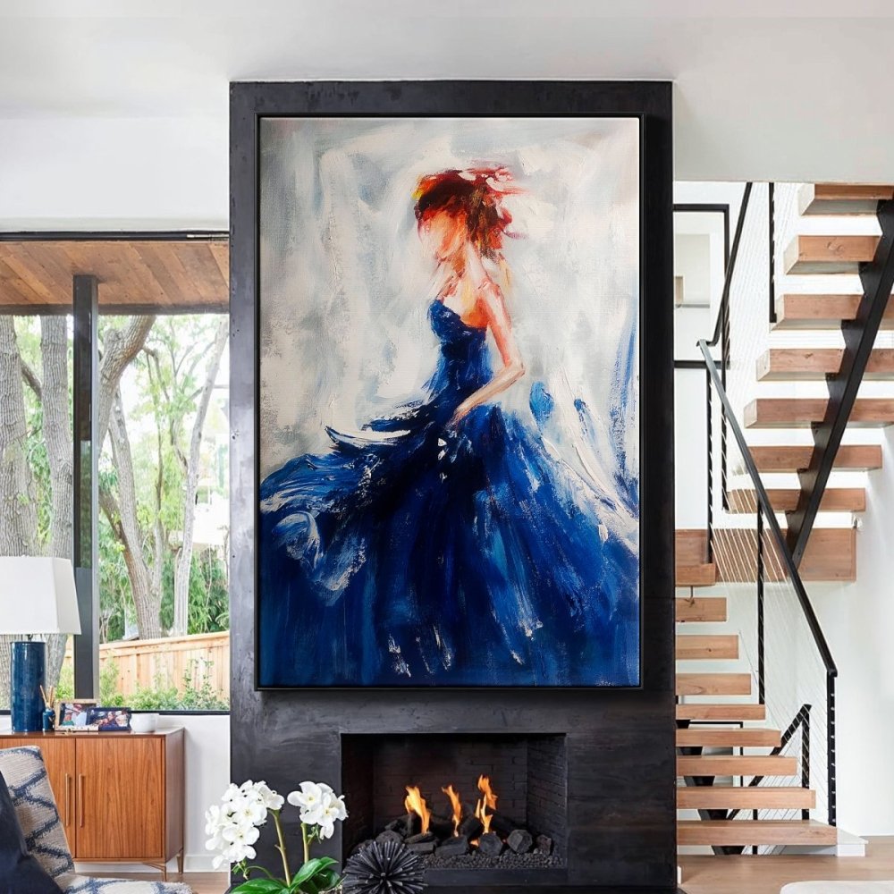 Dancer in Blue-Elegant Abstract Ballerina Oil Painting in Blue for Modern Decor
