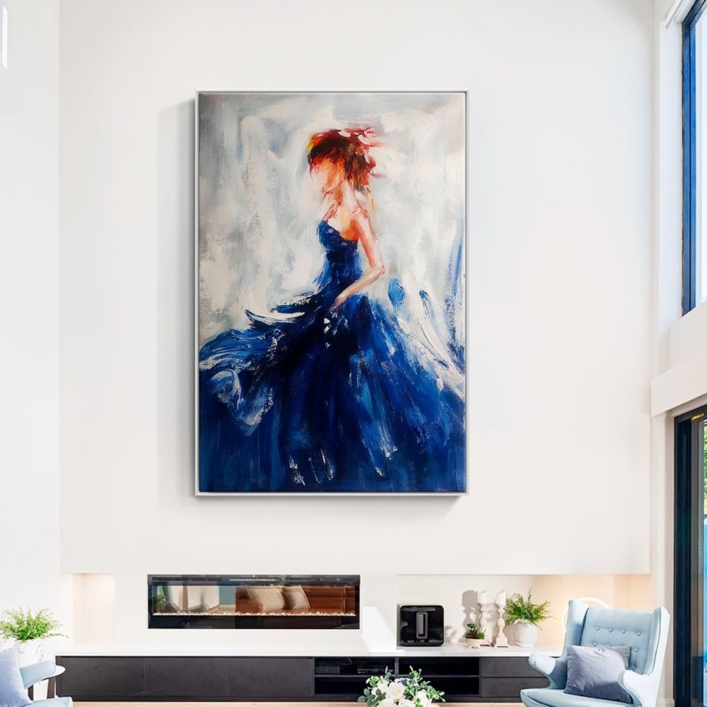 Dancer in Blue-Elegant Abstract Ballerina Oil Painting in Blue for Modern Decor
