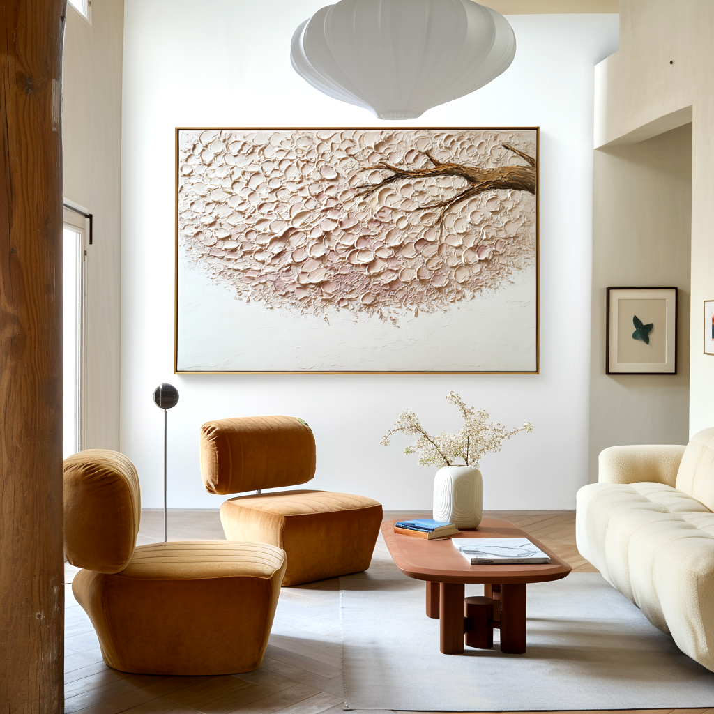 Petal Drift – Hand-Painted Textured Floral Branch Wall Art for Minimalist Home Decor