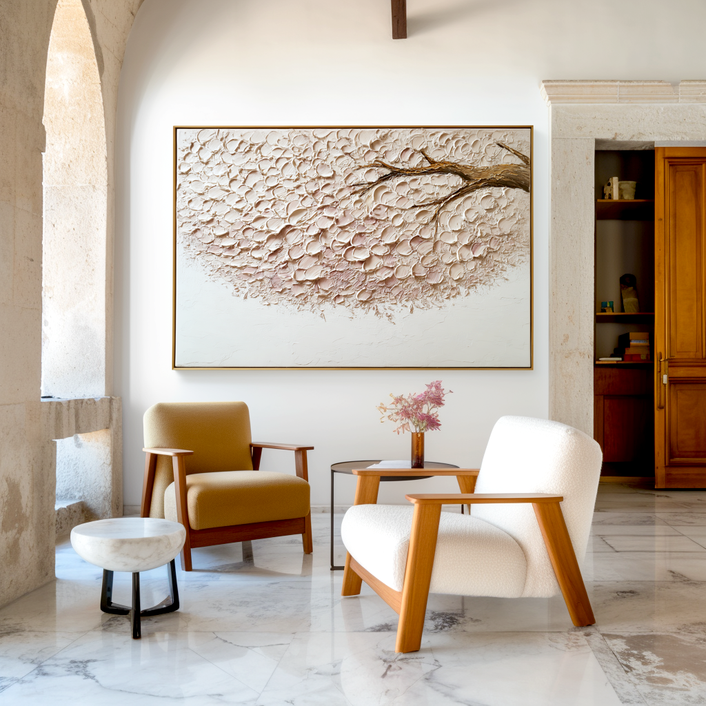 Petal Drift – Hand-Painted Textured Floral Branch Wall Art for Minimalist Home Decor