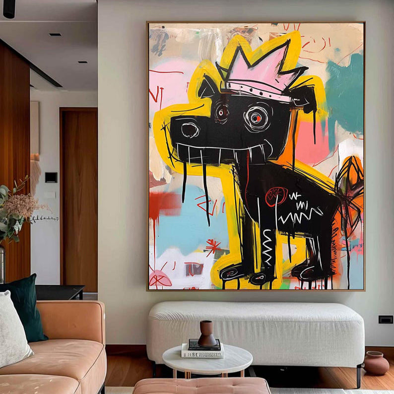 Crowned Canine – Vibrant Graffiti Art Black Dog with Crown Wall Decor, Street Art Painting for Home Decoration