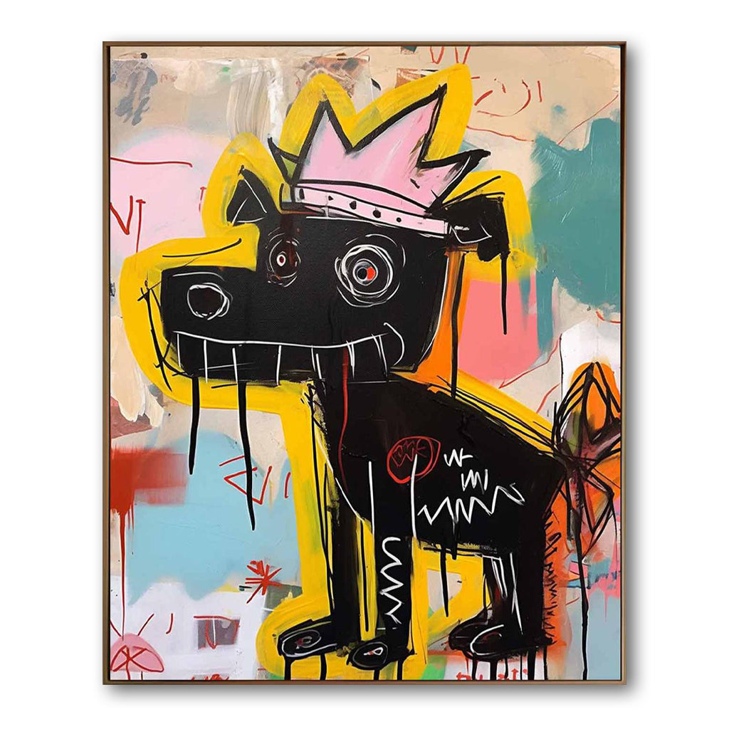 Crowned Canine – Vibrant Graffiti Art Black Dog with Crown Wall Decor, Street Art Painting for Home Decoration