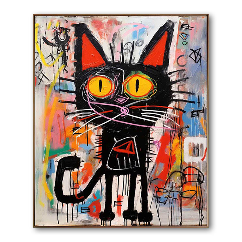 Vibrant Graffiti Art Black Cat Wall Decor - Street Art Style