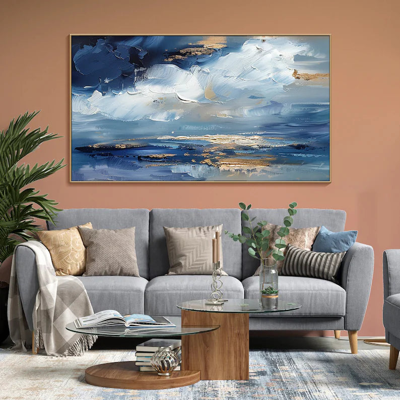 Azure Dreamscape-Modern Abstract Oil Painting, Blue and Gold Textured Wall Art for Home Decor