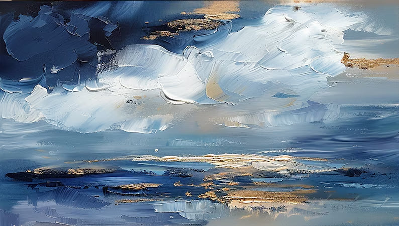 Azure Dreamscape-Modern Abstract Oil Painting, Blue and Gold Textured Wall Art for Home Decor