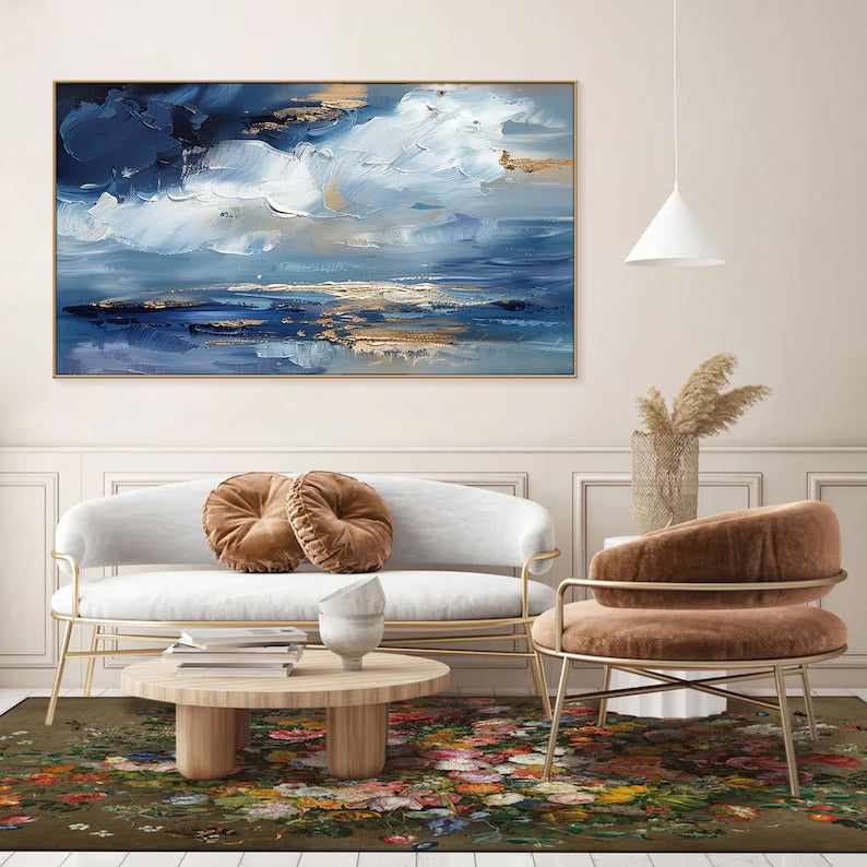 Azure Dreamscape-Modern Abstract Oil Painting, Blue and Gold Textured Wall Art for Home Decor