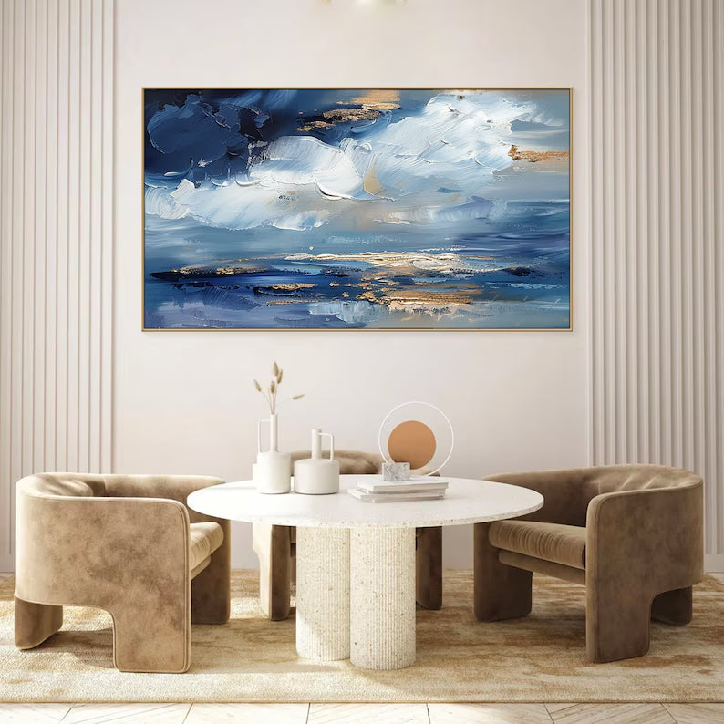 Azure Dreamscape-Modern Abstract Oil Painting, Blue and Gold Textured Wall Art for Home Decor