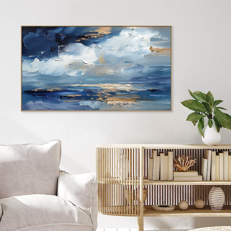 Azure Dreamscape-Modern Abstract Oil Painting, Blue and Gold Textured Wall Art for Home Decor