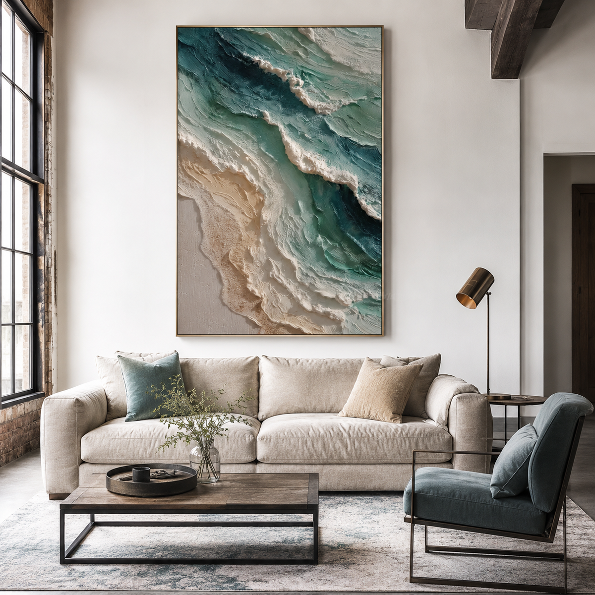 Hand painted coastal abstract canvas artwork for modern living room