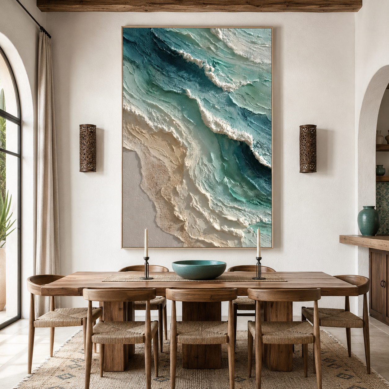 Ocean breeze textured abstract wall art with aqua blue waves