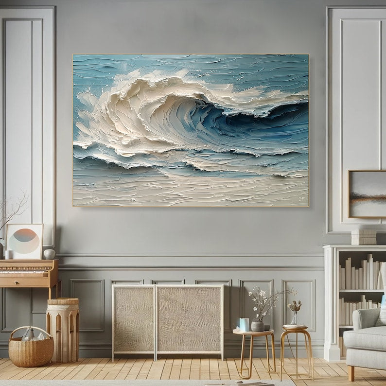 Ocean Haze-3D Textured Ocean Wave Oil Painting, Impasto Seaside Wall Art for Home Decor