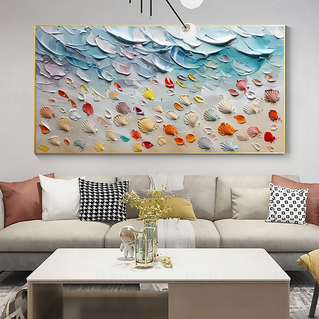Ocean's Treasure-Colorful 3D Textured Seashell Painting, Turquoise Ocean Beach Impasto Wall Art